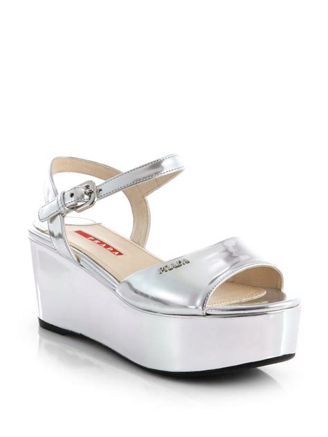 PRADA Calzature Donna Argento Metallic Silver Wedge Sandals